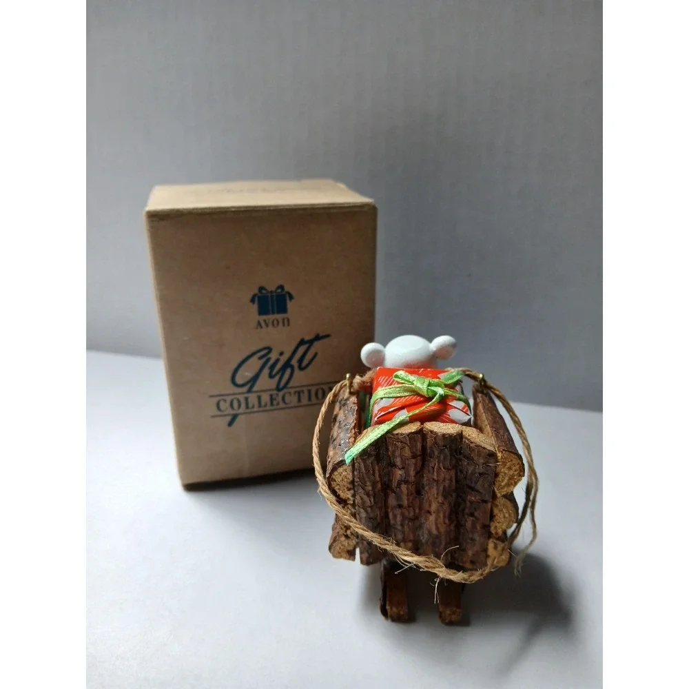Avon Log Cabin Cutie Polar Bear Sled Christmas Tree Ornament Holiday Vintage Box